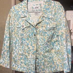 Live a little Jacket sz PL Blue and Gold Patterned Jean
